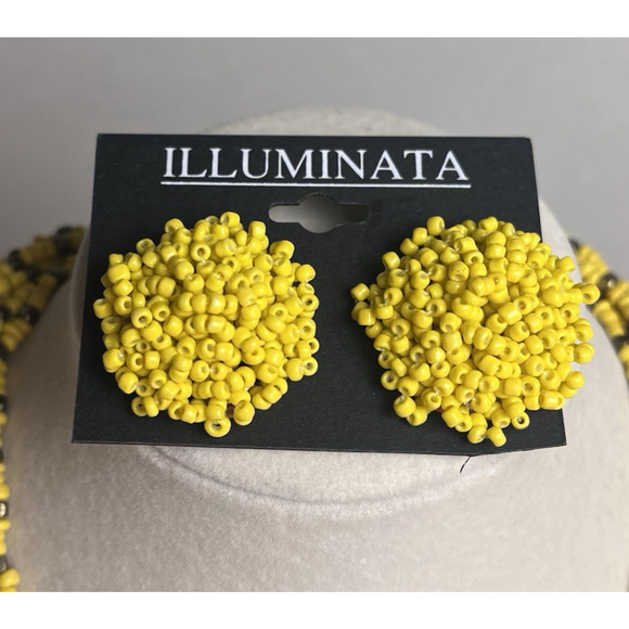 Yellow Seed Bead Necklace Earrings Set Multistrand Beaded Cluster 20-24" - Picture 4 of 11